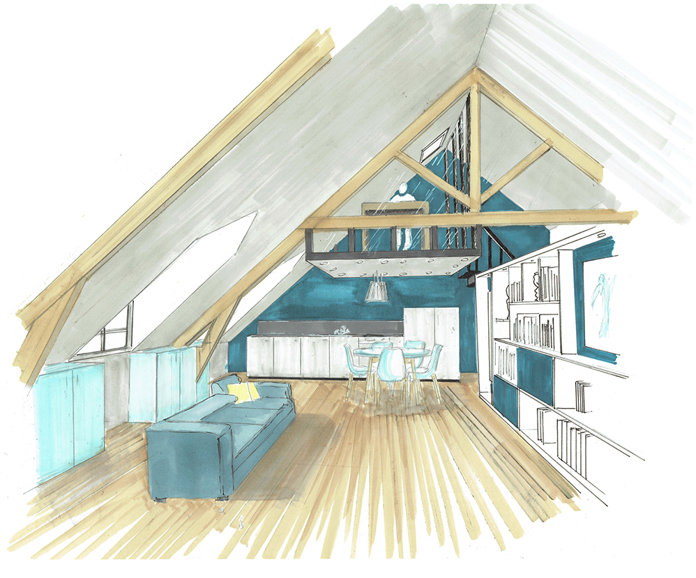 aménagement de comble avec mezzanine structure métallique au dessus d'une cuisine 